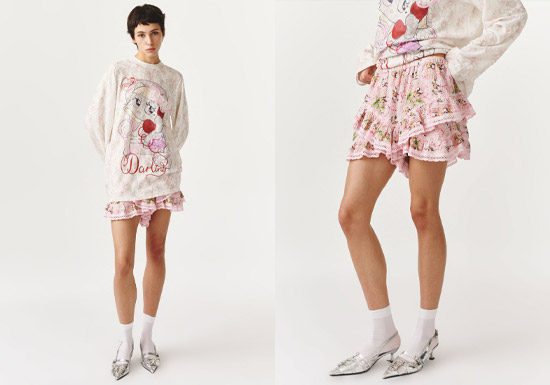 福蝶发布2026春夏新款复古植物印花蕾丝拼接塔克褶裙裤